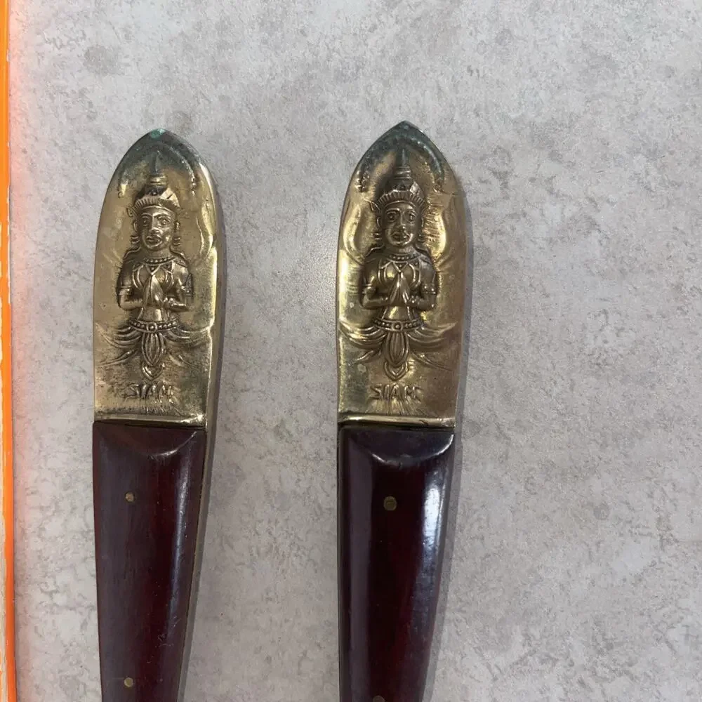Vintage Buddha Bronze Knife 4 Piece Flatware Set Rare Asian Siam Thai MCM